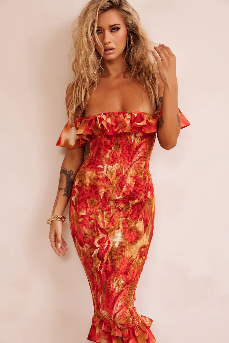Fireball Midi Dress - Red Multi DRESSES Sage and Paije