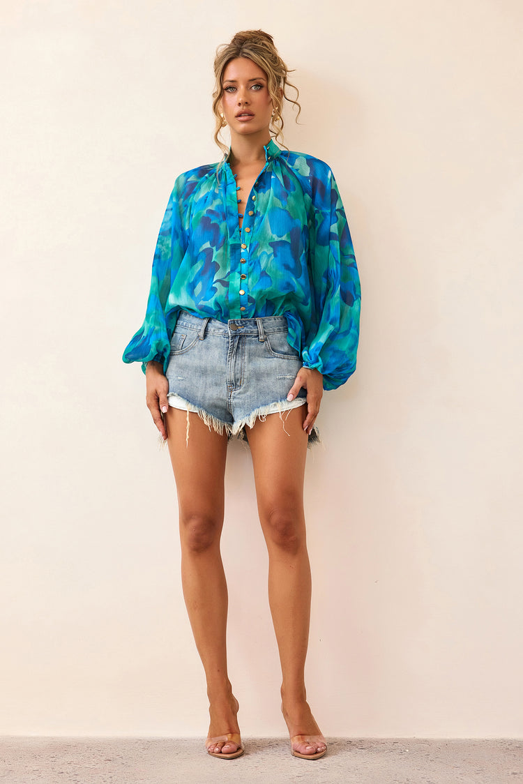 Reverie Luxe Chiffon Blouse - Blue Multi-TOPS