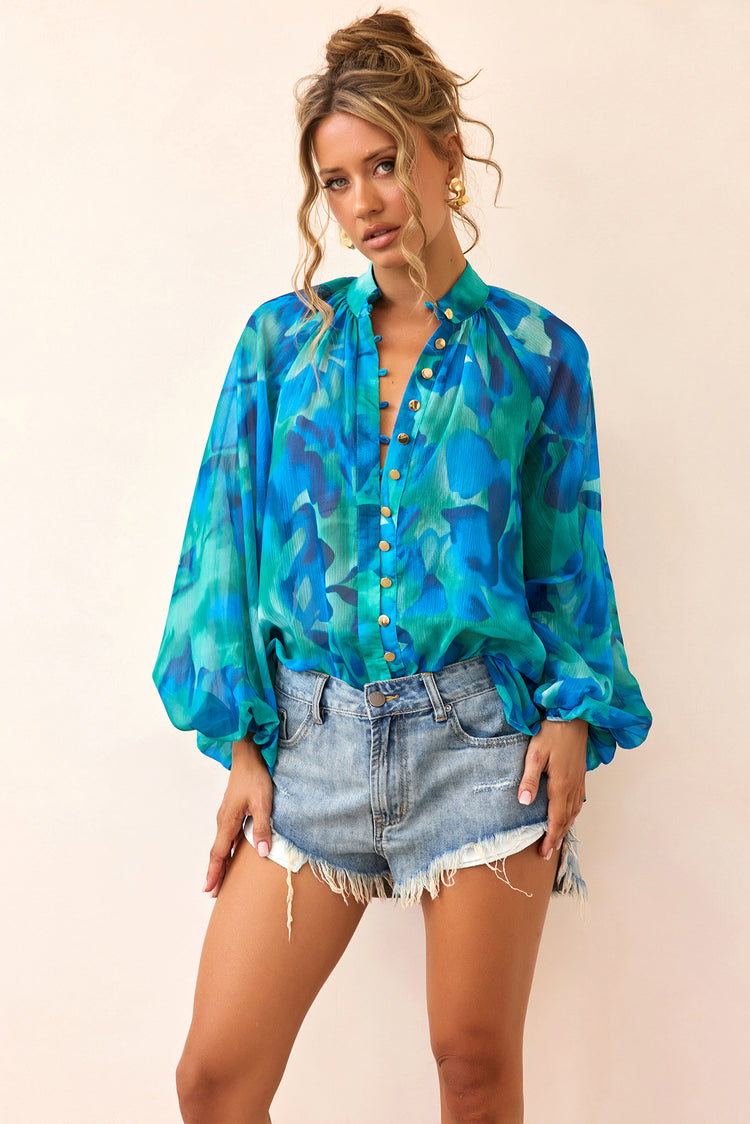 Reverie Luxe Chiffon Blouse - Blue Multi-TOPS