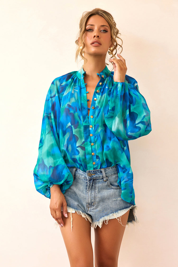 Reverie Luxe Chiffon Blouse - Blue Multi-TOPS
