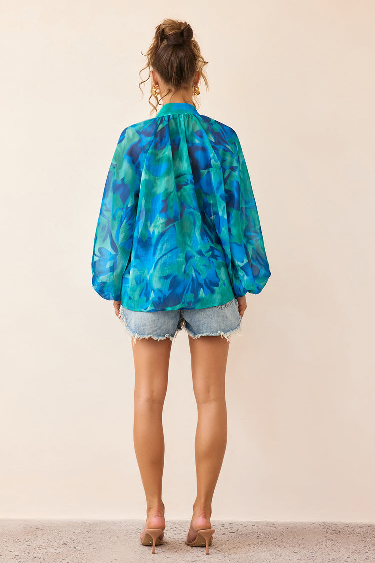 Reverie Luxe Chiffon Blouse - Blue Multi-TOPS