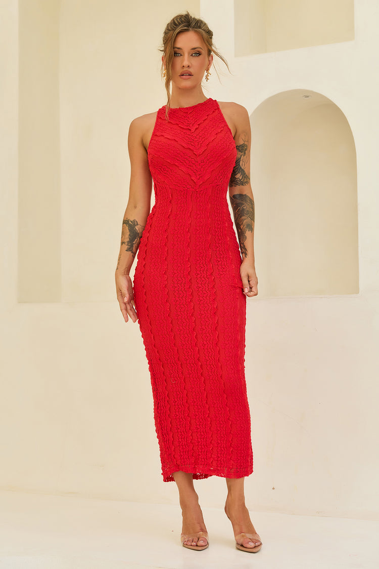 She's The Flame Lace Midi Dress - Red