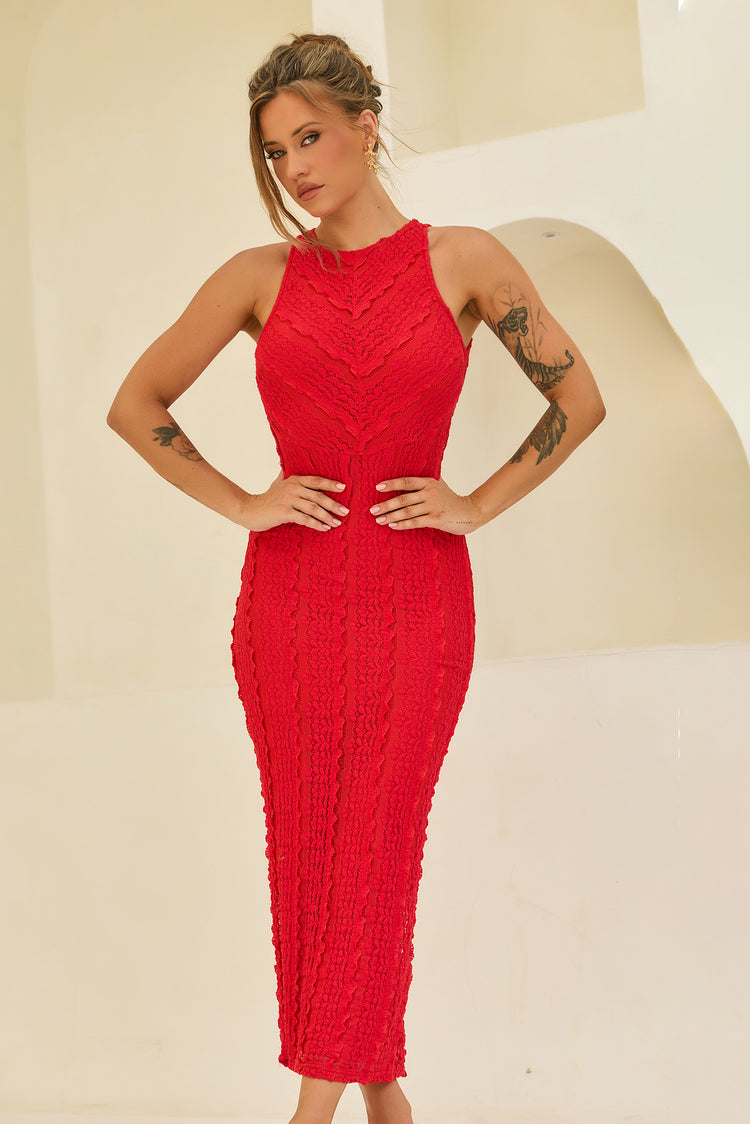 She's The Flame Lace Midi Dress - Red