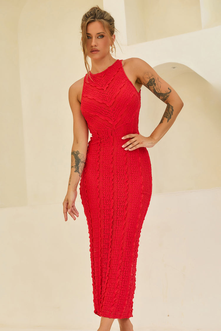She's The Flame Lace Midi Dress - Red