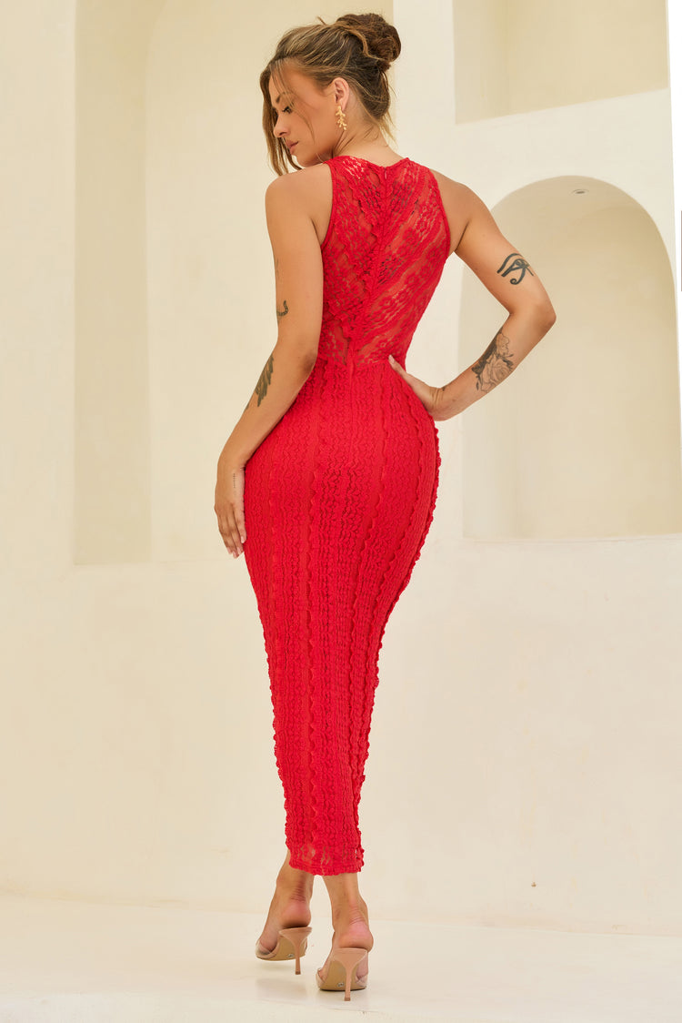 She's The Flame Lace Midi Dress - Red