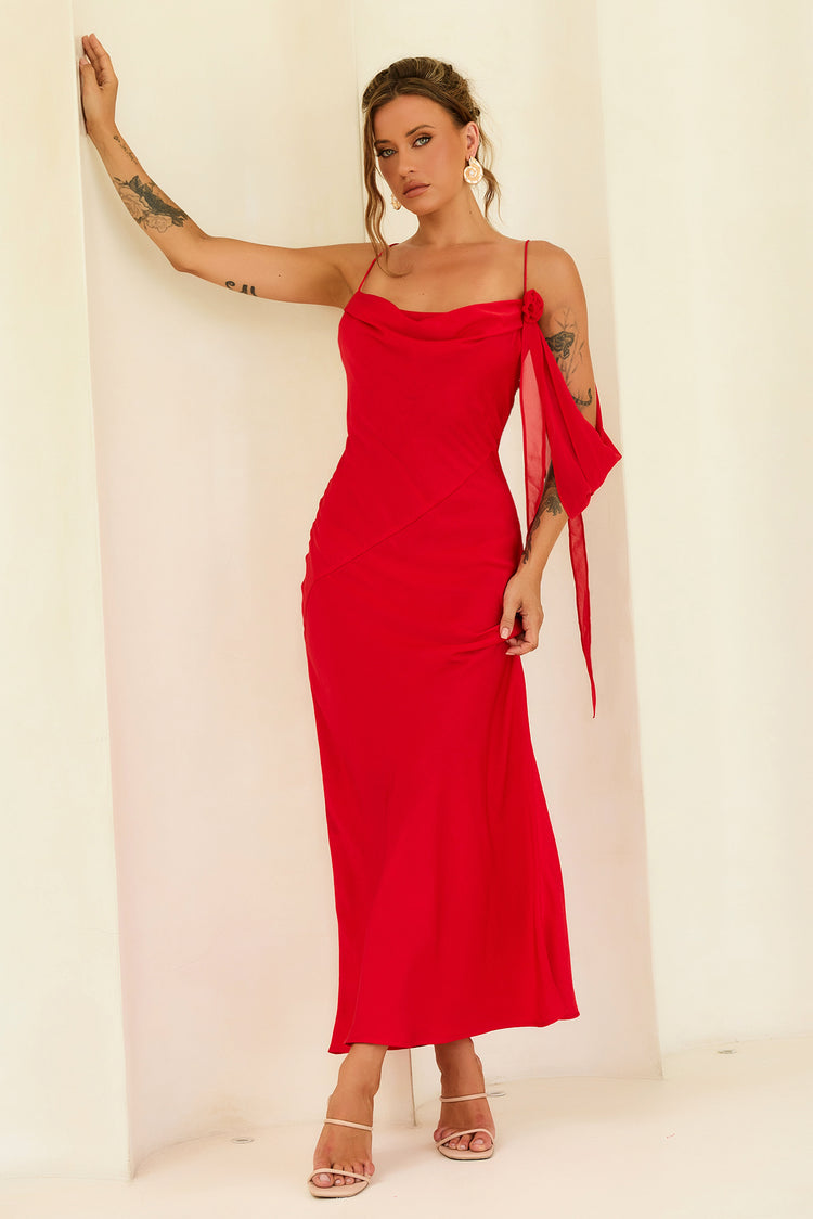 Glow Up Moment Satin Maxi Dress - Red