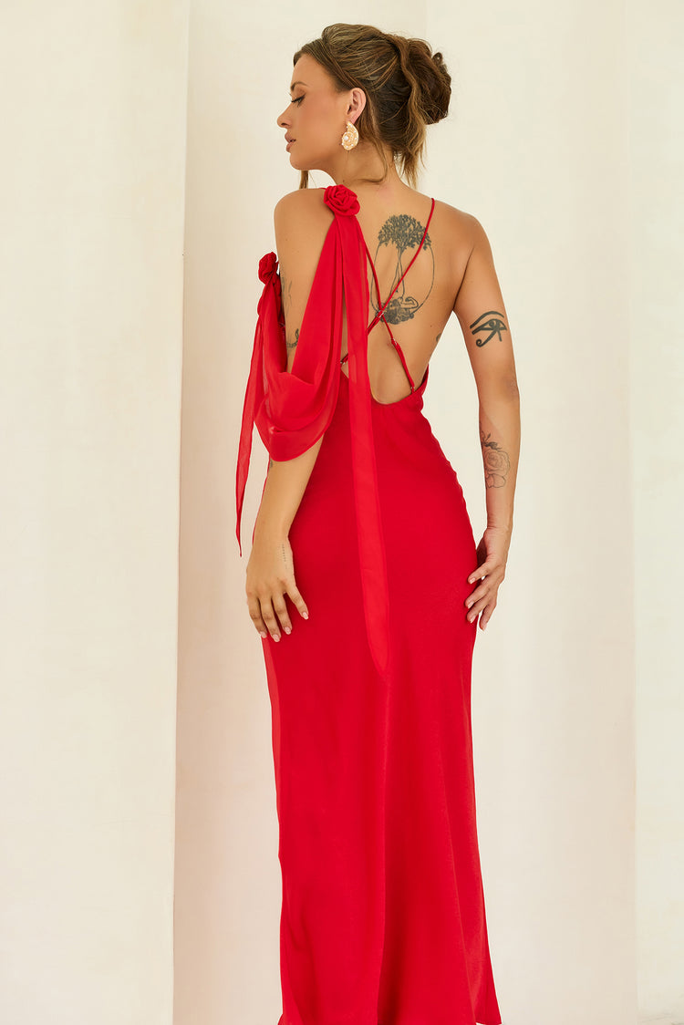 Glow Up Moment Satin Maxi Dress - Red