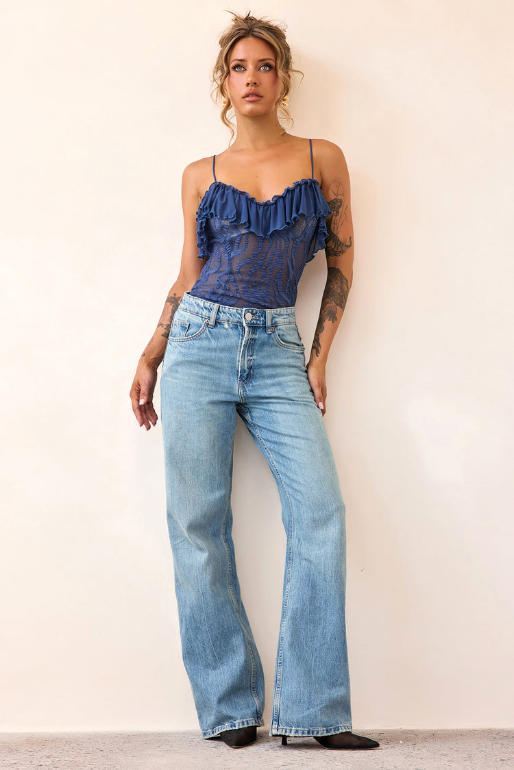 Soft Whispers Lace Bodysuit - Midnight Blue-TOPS