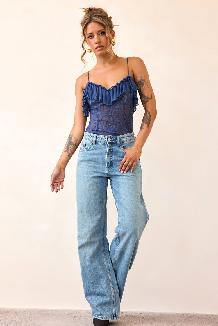 Soft Whispers Lace Bodysuit - Midnight Blue-TOPS
