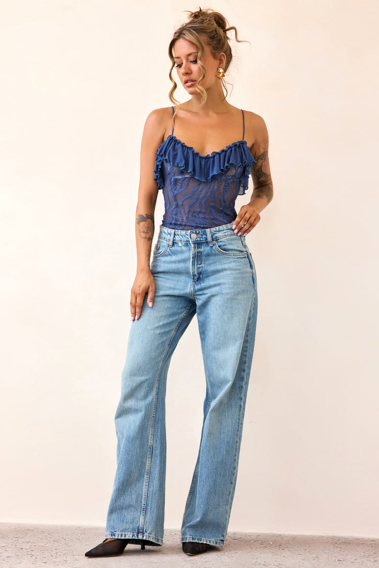 Soft Whispers Lace Bodysuit - Midnight Blue-TOPS