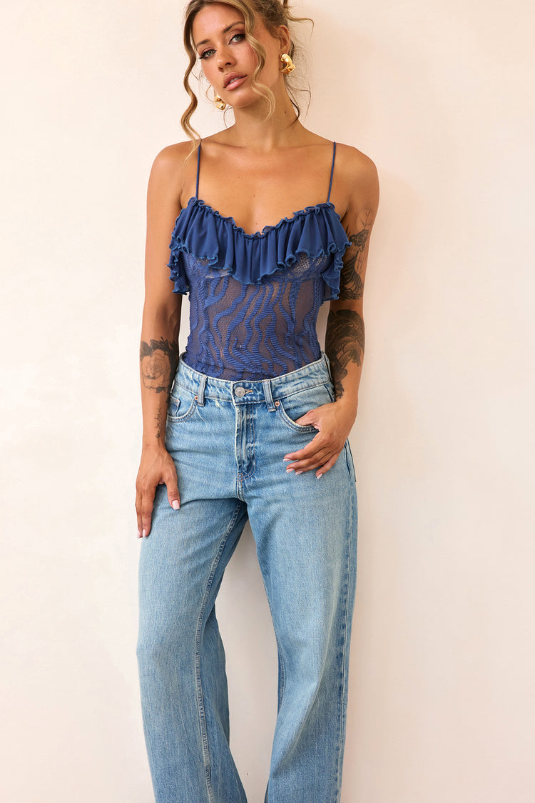 Soft Whispers Lace Bodysuit - Midnight Blue-TOPS