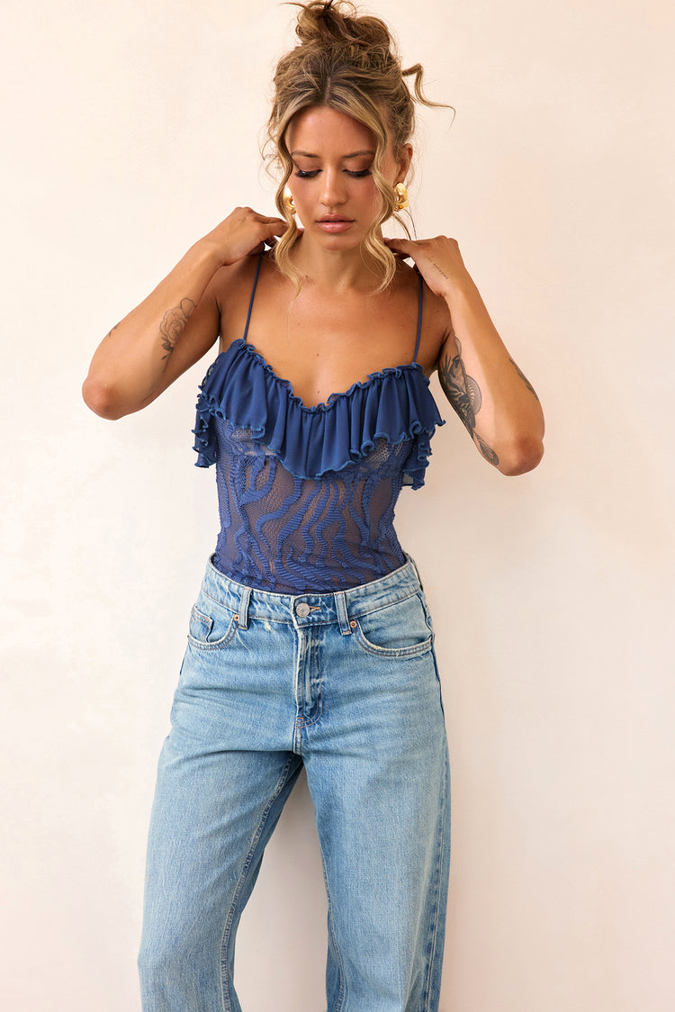 Soft Whispers Lace Bodysuit - Midnight Blue-TOPS