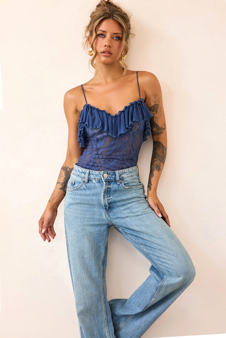 Soft Whispers Lace Bodysuit - Midnight Blue-TOPS