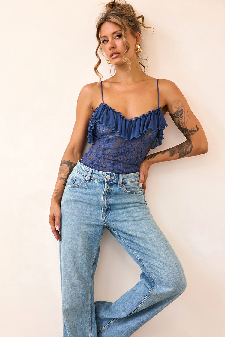 Soft Whispers Lace Bodysuit - Midnight Blue-TOPS
