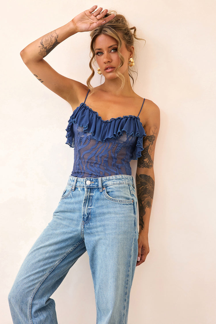 Soft Whispers Lace Bodysuit - Midnight Blue-TOPS