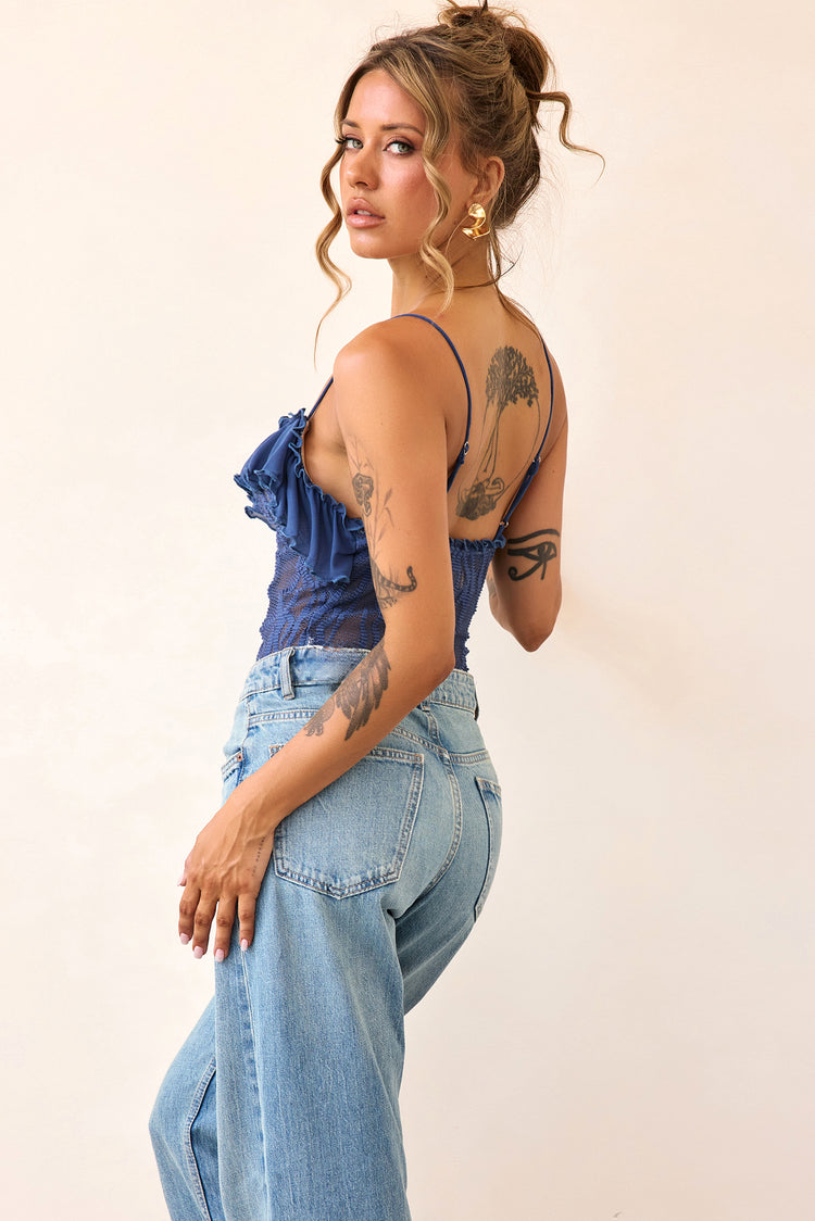 Soft Whispers Lace Bodysuit - Midnight Blue-TOPS