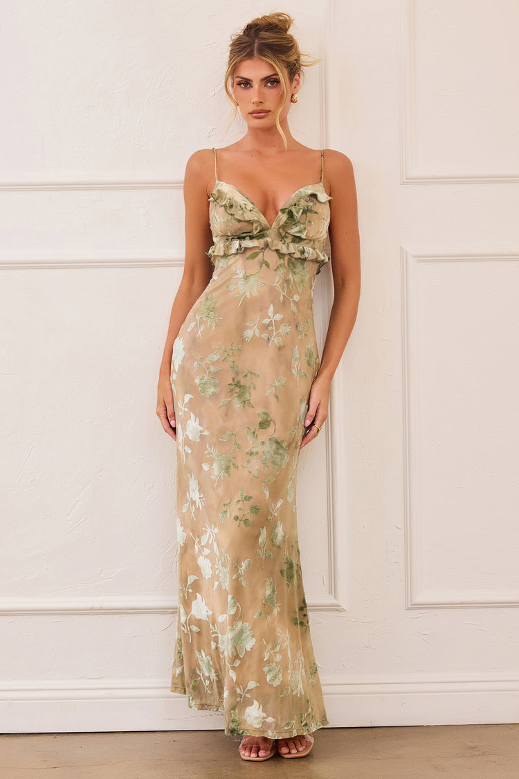 Whispering Garden Flocked Mesh Maxi Dress - Olive