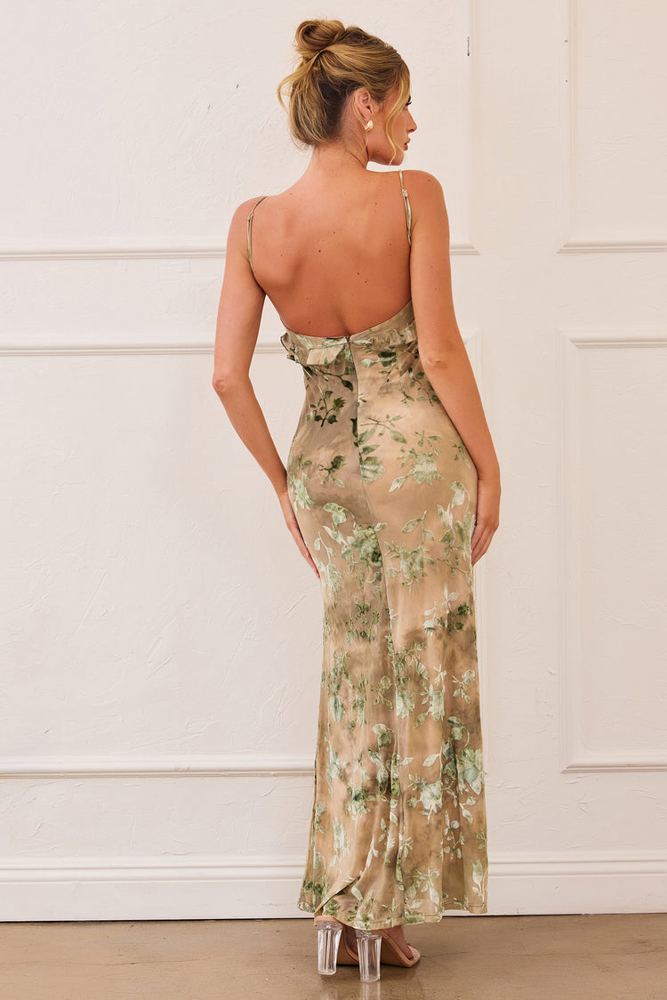 Whispering Garden Flocked Mesh Maxi Dress - Olive