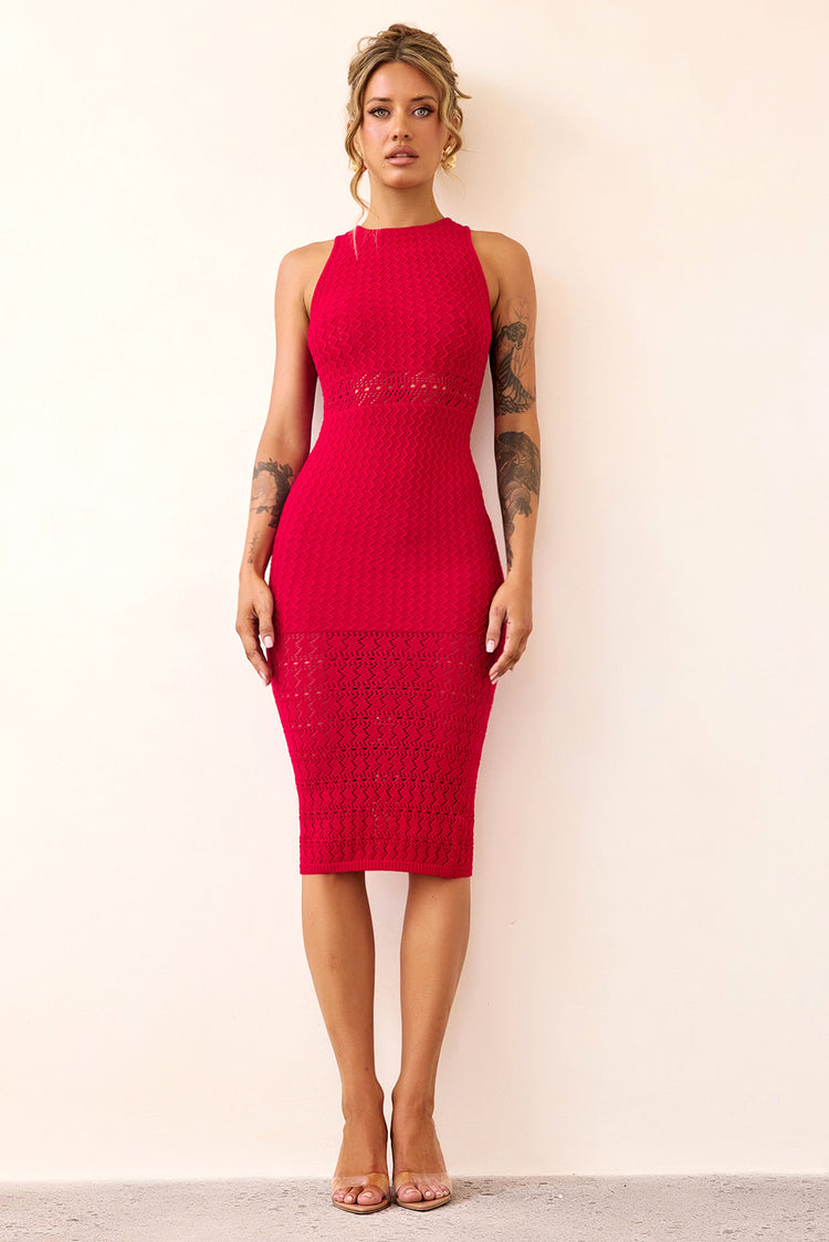 Marlie Knit Midi Dress - Red-DRESSES