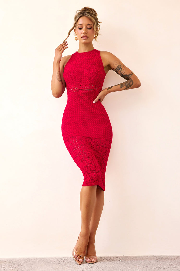 Marlie Knit Midi Dress - Red-DRESSES