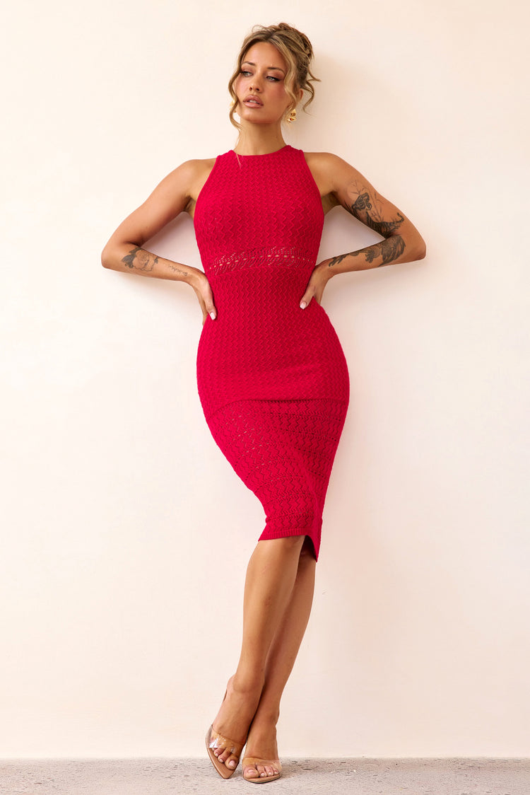 Marlie Knit Midi Dress - Red-DRESSES