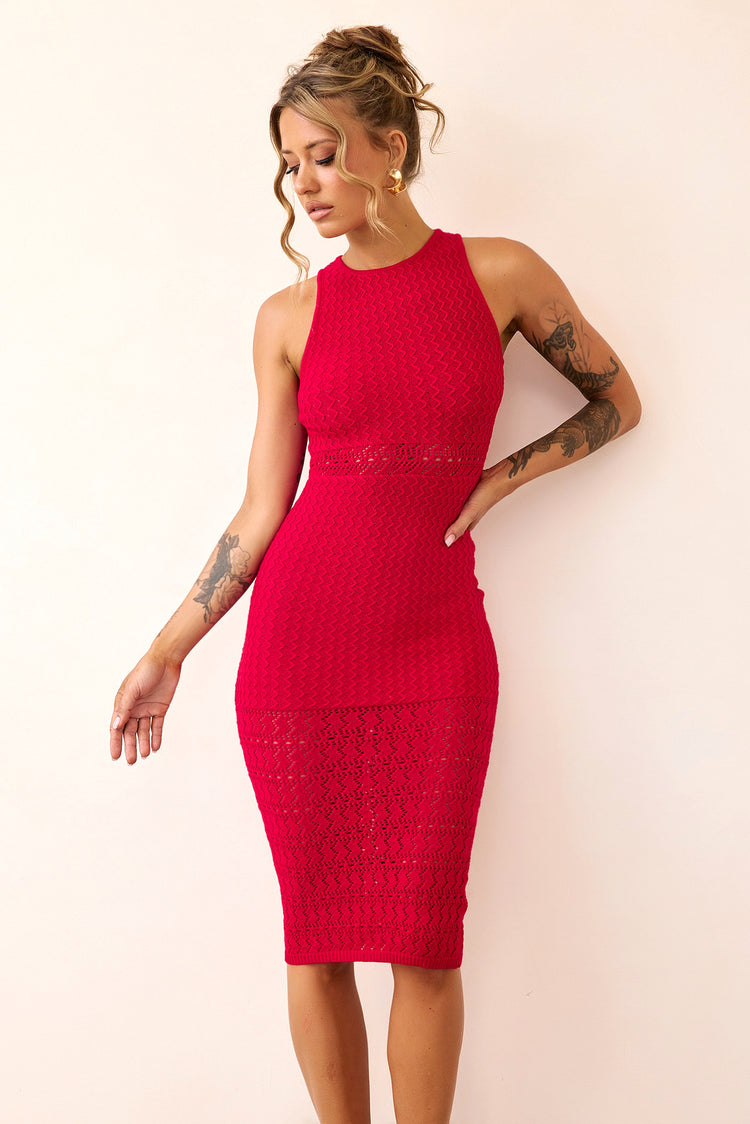 Marlie Knit Midi Dress - Red-DRESSES