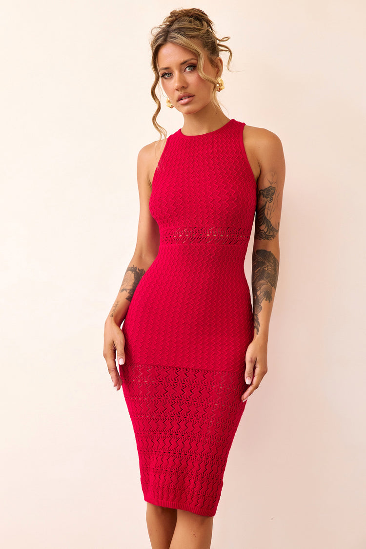 Marlie Knit Midi Dress - Red-DRESSES
