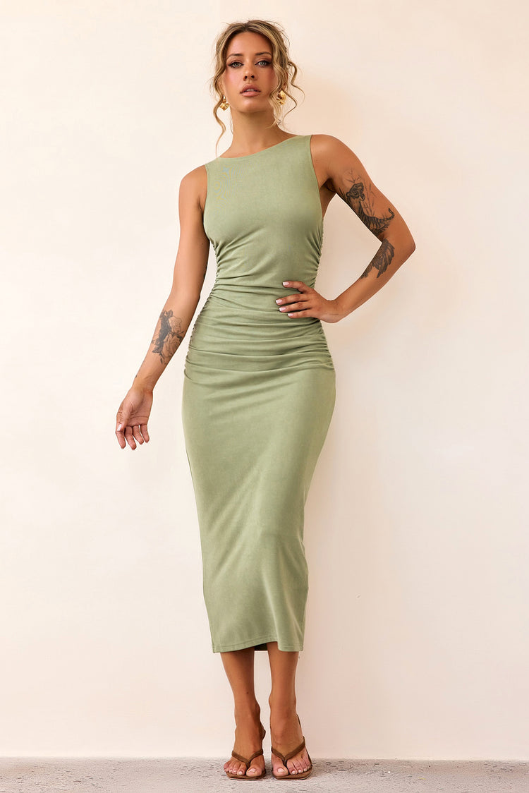 Vintage Classic Midi Dress - Olive-DRESSES