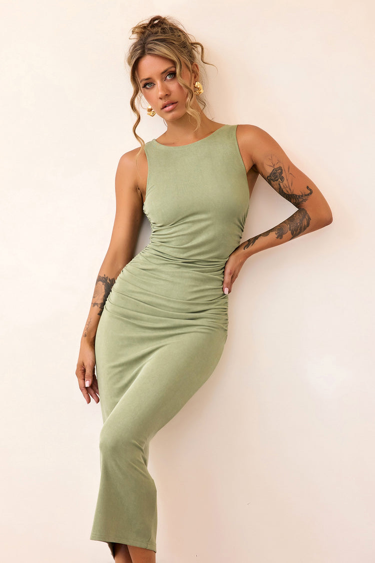 Vintage Classic Midi Dress - Olive-DRESSES