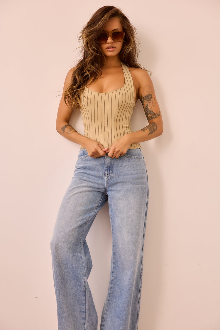 Get My Attention Woven Top - Stone Stripe