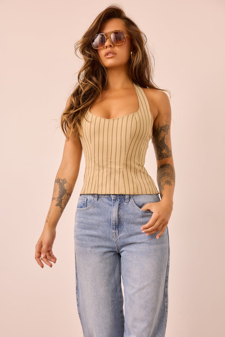 Get My Attention Woven Top - Stone Stripe
