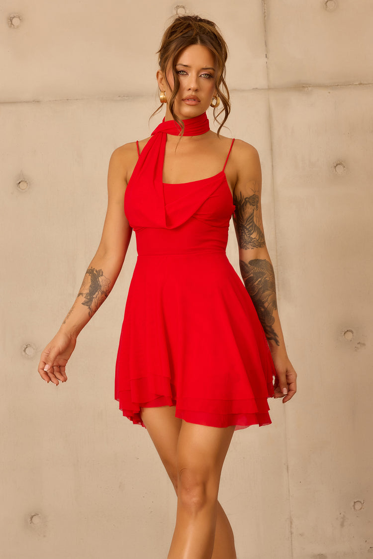 Nocturne Veil Mesh Mini Dress - Red