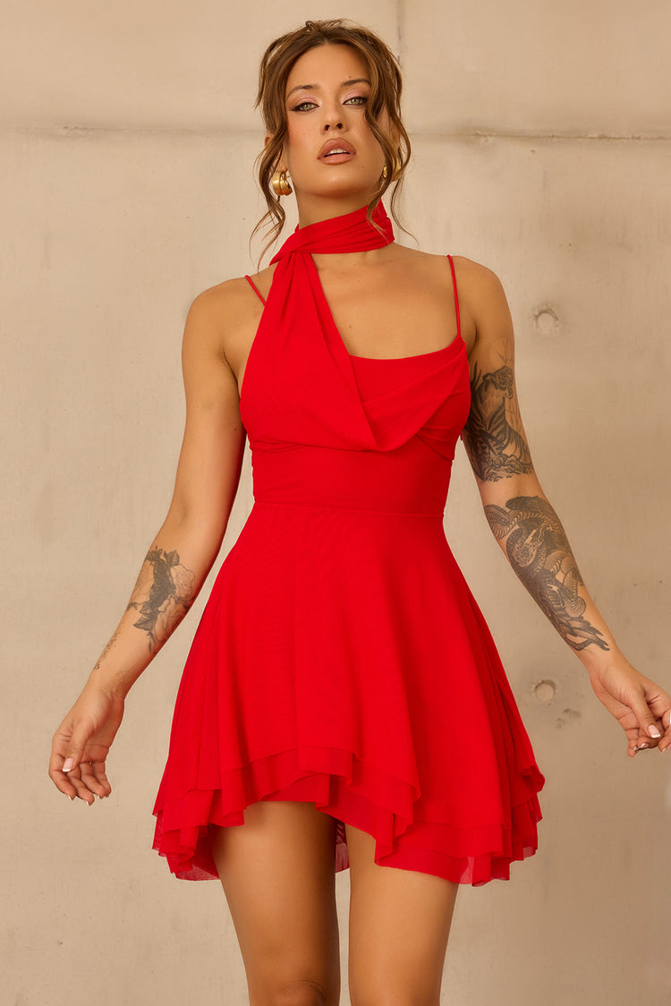 Nocturne Veil Mesh Mini Dress - Red