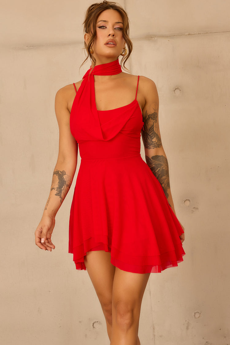 Nocturne Veil Mesh Mini Dress - Red