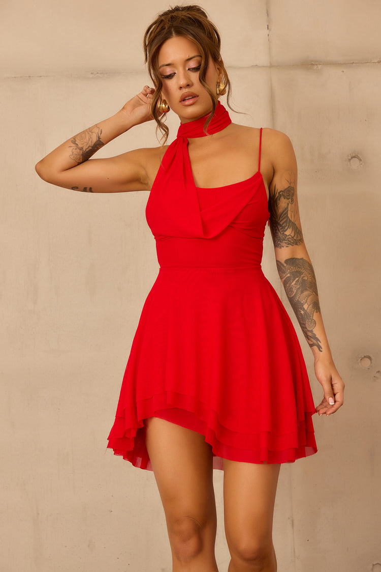 Nocturne Veil Mesh Mini Dress - Red