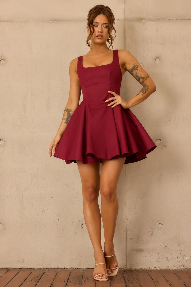 Crimson Whirl Woven Mini Dress - Wine