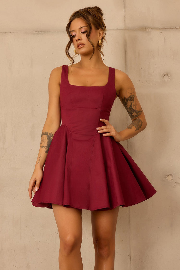 Crimson Whirl Woven Mini Dress - Wine