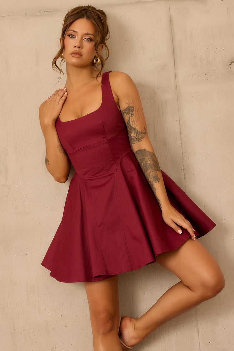 Crimson Whirl Woven Mini Dress - Wine