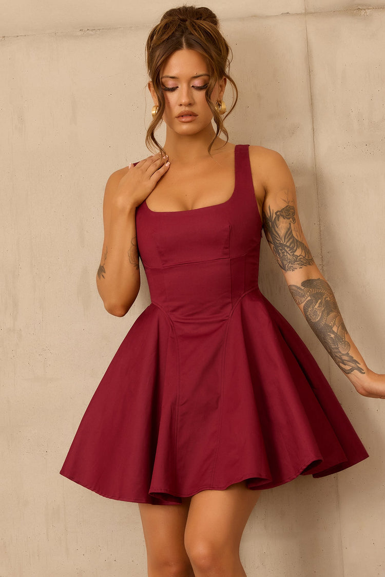 Crimson Whirl Woven Mini Dress - Wine