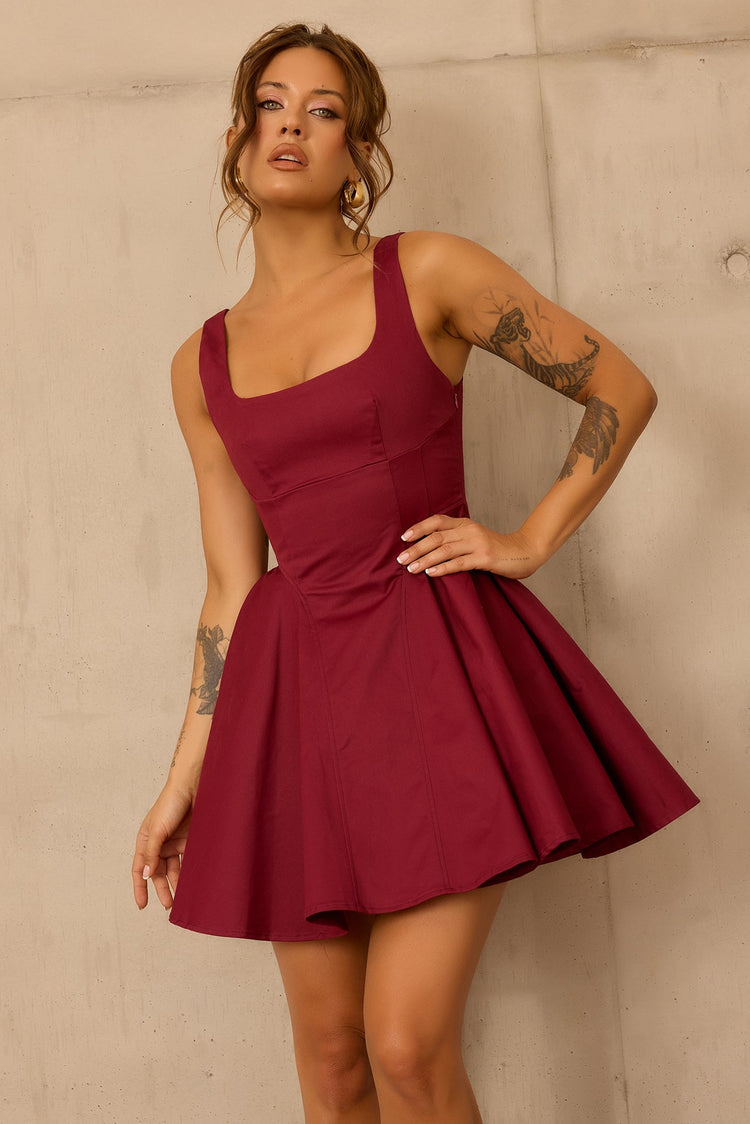 Crimson Whirl Woven Mini Dress - Wine
