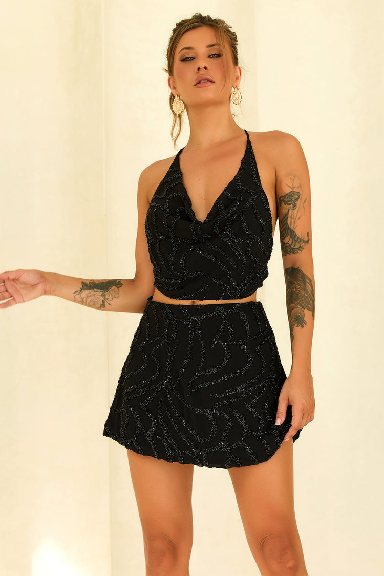 Moonlight Drive Beaded Chiffon Top - Black