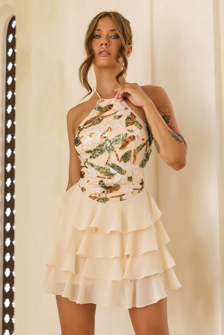 Garden Muse Sequin Mini Dress - Beige Multi