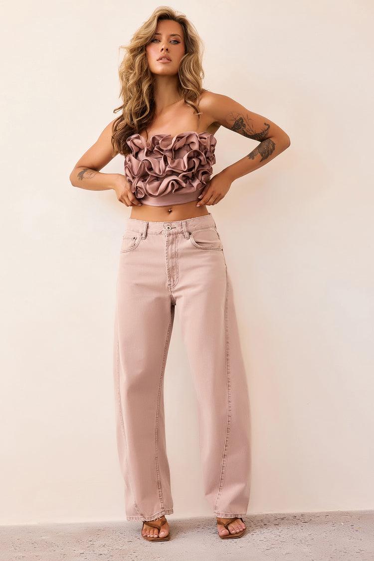 Petal Reverie Satin Crop Top - Mocha-TOPS