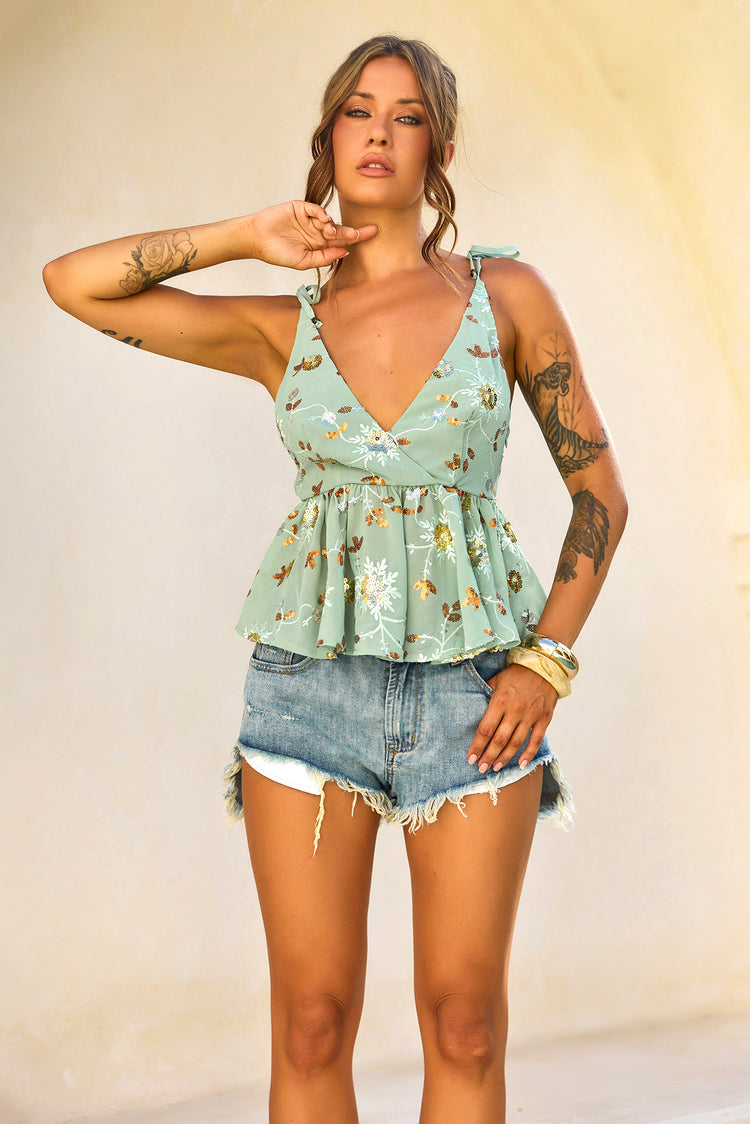 Moonbeam Luxe Sequin Chiffon Top - Olive