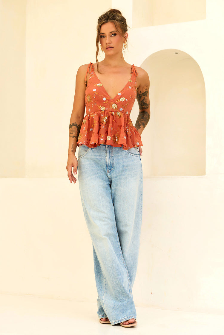 Moonbeam Luxe Sequin Chiffon Top - Orange