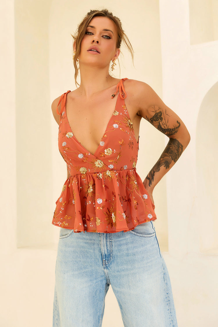 Moonbeam Luxe Sequin Chiffon Top - Orange