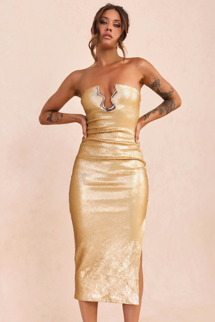Midnight Siren Sequin Midi Dress - Gold