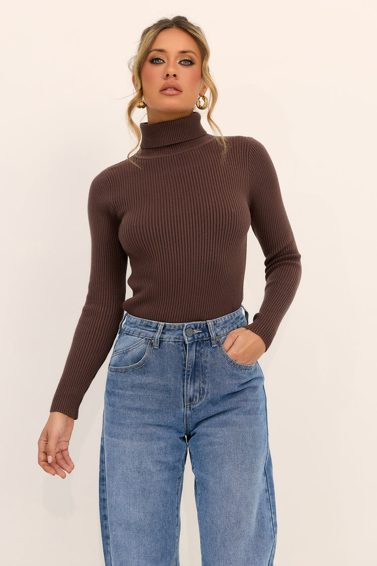 After Hours Turtleneck Knit Top - Chocolate