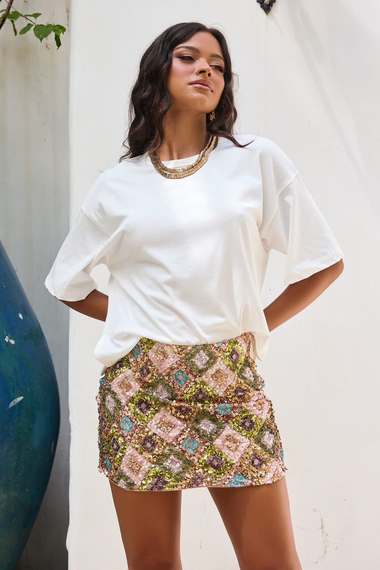 Mosaic Glow Sequin Mini Skirt - Lime Multi-BOTTOMS