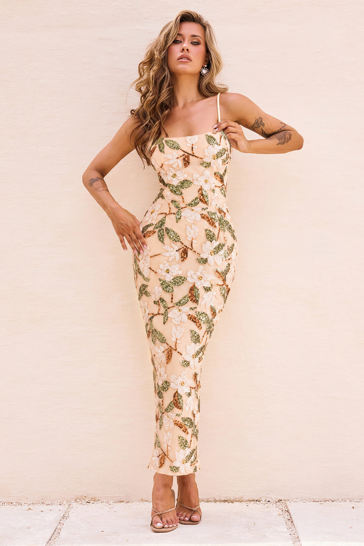 Sorrento Bloom Sequin Maxi Dress - Beige Multi